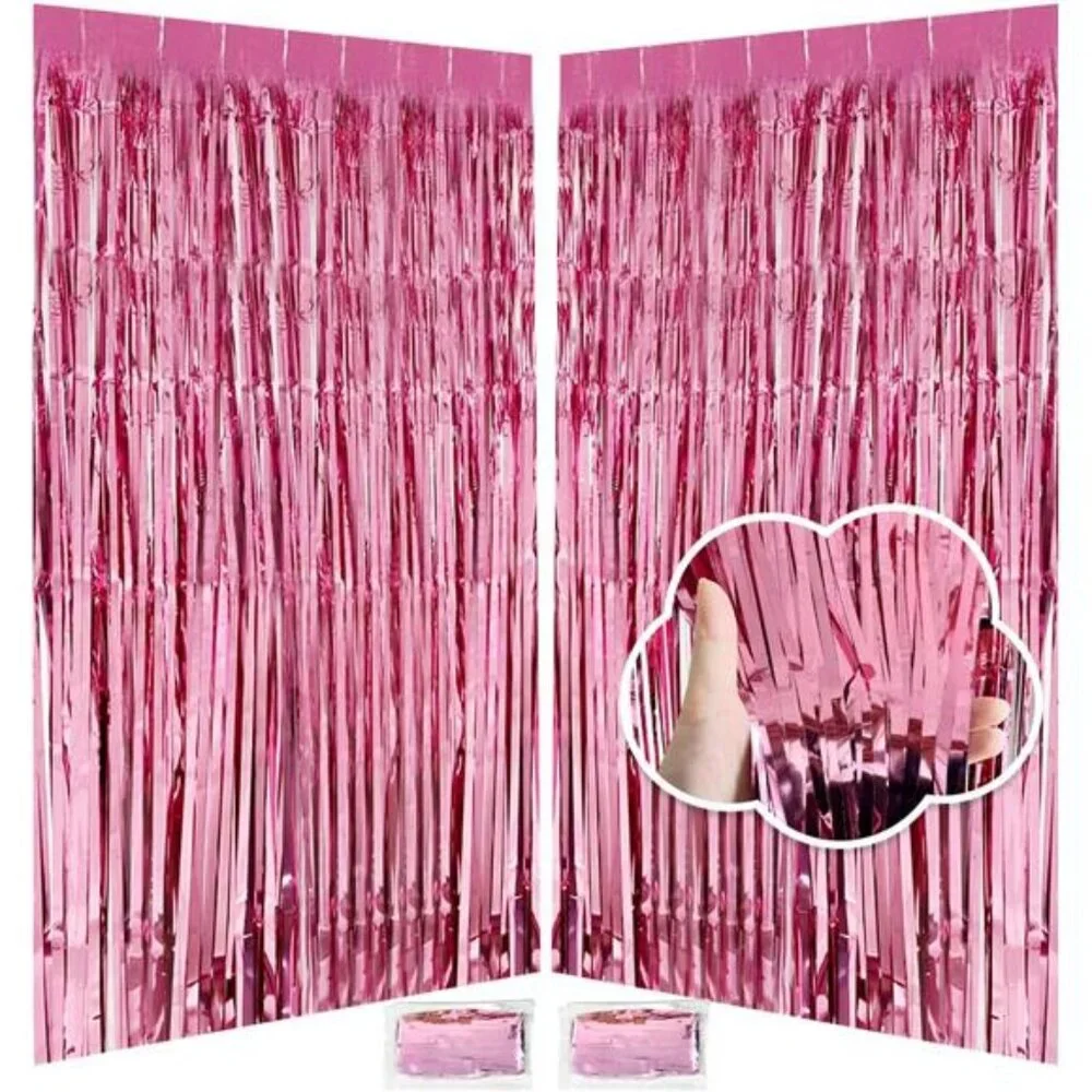 Pink Birthday Decorations for Girls 3.3x8.2ft Pink Tinsel Backdrop Foil Fringe